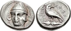 THESSALY, Larissa. Circa 370-360 BC. AR Drachm (19mm, 6.18 g, 12h). Head of Aleuas facing slightly left, wearing conical helmet; labrys to right / Eagle standing left, head right, on thunderbolt. Lorb