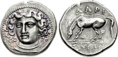 THESSALY, Larissa. Circa 365-356 BC. AR Drachm (20mm, 6.08 g, 1h). Head of the nymph Larissa facing slightly left, hair in ampyx / Horse standing left, preparing to lie down. Lorber, Hoard , Phase L-I
