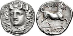 THESSALY, Larissa. Circa 356-342 BC. AR Stater (23mm, 12.26 g, 11h). Head of the nymph Larissa facing slightly left, hair in ampyx / Bridled horse prancing right. L-S type 2, series B, dies O11’/R4 Sp