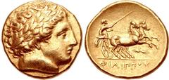 KINGS of MACEDON. temp. Philip II – Alexander III. Circa 340/36-328 BC. AV Stater (18mm, 8.59 g, 10h). In the name and types of Philip II. Pella mint. Laureate head of Apollo right / Charioteer drivin