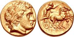 KINGS of MACEDON. Philip III Arrhidaios. 323-317 BC. AV Stater (17mm, 8.54 g, 12h). In the types of Philip II. Magnesia ad Maeandrum mint. Struck under Menander or Kleitos, circa 323-319 BC. Laureate 