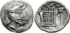 KINGS of PERSIS. Vahbarz (Oborzos). 3rd century BC. AR Obol (10mm, 0.50 g, 11h). Head right, with mustache and earring, wearing diadem and kyrbasia / Fire temple of Ahura-Mazda; standard to right. K&M