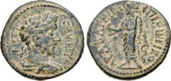 LYDIA, Bagis. Septimius Severus. AD 193-211. Æ (24mm, 7.06 g, 6h). Antigonus, magistrate. Laureate, draped, and cuirassed bust right / Zeus Lydios standing left, holding eagle and leaning on scepter. 
