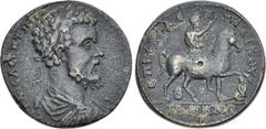 LYDIA, Came. Septimius Severus. AD 193-211. Æ (36mm, 22.01 g, 6h). Epineikos, magistrate. Laureate, draped, and cuirassed bust right / Severus on horseback right, raising right hand; shield below hors