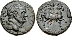 LYDIA, Mostene. Vespasian. AD 69-79. Æ (22mm, 7.69 g, 12h). OVЄCΠACIA-NOC KAI-CAP, laureate head right / MOC-TH-NΩN, radiate male deity, wearing chlamys and holding labrys, on horseback right; cypress