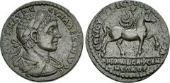 LYDIA, Philadelphia. Severus Alexander. AD 222-235. Æ (27mm, 9.38 g, 6h). Julius Ariston Julianus, archon. Laureate, draped, and cuirassed bust right / Coiled serpent right on horse right. SNG München