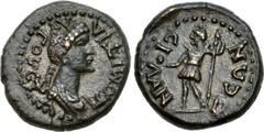 LYDIA, Silandus. Domitia. Augusta, AD 82-96. Æ (16mm, 3.13 g, 6h). Draped bust right / Mên standing left, holding pine cone and leaning on scepter. RPC 1354; SNG München -; SNG von Aulock 8264; BMC 17