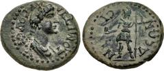 LYDIA, Silandus. Domitia. Augusta, AD 82-96. Æ (16mm, 1.97 g, 6h). Draped bust right / Mên standing left, holding pine cone and leaning on scepter. RPC 1354; SNG München -; SNG von Aulock 8264; BMC 17