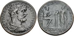LYDIA, Thyateira. Septimius Severus. AD 193-211. Æ Medallion (43mm, 42.92 g, 6h). Asiaticus Hermogenes, strategus. Laureate, draped, and cuirassed bust right / Hephaestus seated left on wreathed cippu