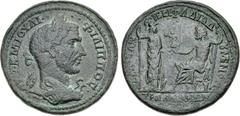 LYDIA, Tralles. Philip I. AD 244-249. Æ (39mm, 25.58 g, 12h). Flavius Diadumenus, magistrate. Laureate bust right, wearing aegis / Zeus seated left, leaning on scepter and presenting Nike to Athena st
