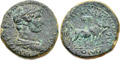 JUDAEA, Aelia Capitolina (Jerusalem). Hadrian. 117-138 CE. Æ (22mm, 10.20 g, 11h). Laureate, draped, and cuirassed bust right / Hadrian as founder plowing right with yoke of two oxen; vexillum in back