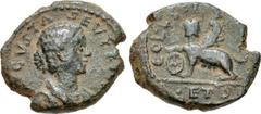 JUDAEA, Sebaste. Aquilia Severa. Augusta, 220-221 & 221-222 CE. Æ (20mm, 6.20 g, 7h). Draped bust right / Sphinx standing left, head right, forepaw on wheel; above, radiate and draped bust of Shamash 