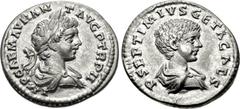 Caracalla, with Geta as Caesar. AD 198-217. AR Denarius (18mm, 3.26 g, 5h). Laodicea mint. Struck AD 199. IMP CAE M AVR AN T AVG P TR P II, laureate and draped bust of Caracalla right / P SEPTIMIVS GE