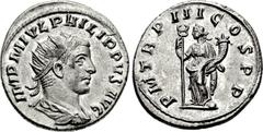 Philip II. AD 247-249. AR Antoninianus (21mm, 4.46 g, 6h). Hybrid of Philip II and Philip I. Antioch mint. M IVL PHILIPPVS AVG, radiate, draped, and cuirassed bust right / P M TR P III COS P P, Felici