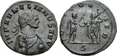 Aurelian. AD 270-275. Antoninianus (21mm, 3.88 g, 12h). Serdica mint, 2nd officina. 4th emission, AD 273-274. Radiate, draped, and cuirassed half-length bust right, holding globe / Aurelian standing r