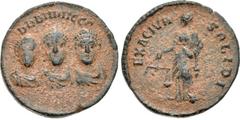 Theodosius I, with Arcadius and Honorius. AD 379-395. Æ Exagium Solidi Weight (20mm, 4.32 g, 12h). Constantinople mint. Struck circa AD 402-408. DDD NNN GGG, diademed and draped facing busts of Honori