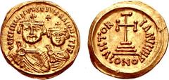 Heraclius, with Heraclius Constantine. 610-641. AV Solidus (21mm, 4.35 g, 5h). Ravenna mint, 8th officina. Struck 613. Crowned and draped facing busts of Heraclius and Heraclius Constantine; cross abo