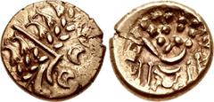 CELTIC, Belgae(?). Uninscribed. Circa 65 BC-AD 45. AV Stater (18mm, 6.12 g, 12h). British B–Chute type. Devolved head of Apollo right / Disjointed horse left; ‘crab’ below; above tail, elongated pelle