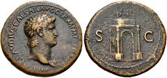 Nero. AD 54-68. Æ Sestertius (37mm, 28.36 g, 6h). Rome mint. Struck AD 64. Laureate head right, wearing aegis / Triumphal arch surmounted by statue of emperor in quadriga in procession. RIC I 149; WCN