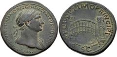 Trajan. AD 98-117. Æ Sestertius (34mm, 25.93 g, 6h). Rome mint. Struck circa AD 107-110. Laureate bust right, slight drapery / Single-span bridge across river; arched tower at either end; boat in rive