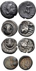 GREEK. Central & Southern Greece. Lot of four (4) bronze and silver coins of Boeotia. Includes: Federal Coinage. Æ 15mm. of Demeter or Kore (Persephone) face slighty right, wearing wreath of grain-ear