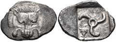 DYNASTS of LYCIA. Mithrapata. Circa 390-370 BC. AR Stater (29mm, 9.74 g, 12h). Facing lion's scalp / Triskeles; facing head of Hermes to left; all within incuse square. Podalia 105-8 (A14/P17); SNG vo