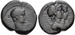 LYDIA, Philadelphia. Gaius (Caligula). AD 37-41. Æ (17mm, 3.83 g, 12h). Epikrates, magistrate. Bare head of Caligula right / Jugate laureate busts of the Dioscuri right. RPC I 3022. Near VF, dark brow