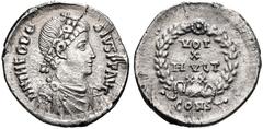 Theodosius I. AD 379-395. AR Siliqua (17mm, 1.91 g, 11h). Constantinople mint. Rosette-diademed, draped, and cuirassed bust right / VOT/ X/ MVLT/ X X in four lines within wreath; CONS. RIC IX 87a var.
