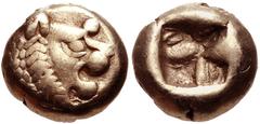 KINGS of LYDIA. Alyattes. Circa 610-560 BC. EL Hemihekte – 1/12 Stater (7mm, 1.16 g). Milesian standard. Head of roaring lion right, with knob on forehead / Incuse punch. Weidauer 90; Rosen 654; SNG K