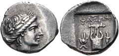 LYCIA, Phaselis. Circa 84-77 BC. AR Drachm (15mm, 2.35 g, 1h). Pseudo-Lycian League coinage. Laureate head of Apollo right, bow and quiver over shoulder / Kithara; Isis crown to left, torch to right; 