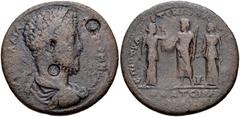 LYDIA, Thyateira. Commodus. AD 177-192. Æ Medallion (45mm, 40.76 g, 6h). Artemidoros, son of Floros, strategos. Laureate, draped and cuirassed bust right; c/m's: monogram within incuse circle and grap