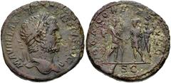 Caracalla. AD 198-217. Æ Sestertius (32mm, 23.77 g, 6h). Rome mint. Struck AD 211. Laureate bust right, slight drapery / Caracalla and Geta standing facing one another, clasping right hands; Caracalla