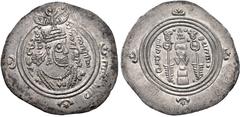 Arab-Sasanian coinage. 'Abd al-'Aziz ibn 'Abd Allāh. Governor, circa AH 71-74 / AD 690-693. AR Drachm (31mm, 3.89 g, 3h). TART (Tawwaj) mint. Dated AH 74 (AD 693/4). Crowned Sasanian-style bust right;