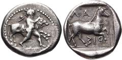 THESSALY, Larissa. Circa 460-420 BC. AR Drachm (19mm, 5.77 g, 3h). Hero right, wearing petasos, holding a band passing around the head of a bull’s forepart to right / Bridled horse with loose rein pra