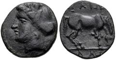 THESSALY, Larissa. Circa 370-360 BC. Æ (15mm, 2.60 g, 11h). Head of the nymph Larissa left / Horse standing right, about to roll. Rogers 147; BCD Thessaly 395.1 (this coin). Fine, green patina, striki