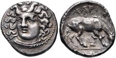 THESSALY, Larissa. Circa 344-337 BC. AR Hemidrachm (14mm, 2.29 g, 6h). Head of the nymph Larissa facing slightly left, hair in ampyx / Horse standing right, preparing to lie down. BCD Thessaly II 335 