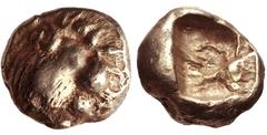 KINGS of LYDIA. Alyattes. Circa 610-560 BC. EL Hemihekte – 1/12 Stater (8mm, 1.16 g). Sardes mint. Head of roaring lion right, knob on forehead / Incuse square punch. Weidauer 79-85. VF.