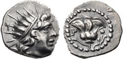 ISLANDS off CARIA, Rhodos. Rhodes . Circa 188-84 BC. AR Diobol (10mm, 0.82 g, 12h). ‘Plinthophoric’ coinage. Radiate head of Helios right / Rose with bud to left; aphlaston to right. SNG Keckman 693-7
