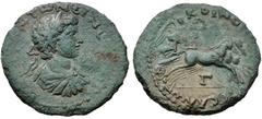 THESSALY, Koinon of Thessaly. Caracalla. AD 198-217. Æ Triassarion (24mm, 4.91 g, 6h). Struck circa AD 198-211. Laureate, draped, and cuirassed bust right / Nike, holding wreath and reins, driving tri