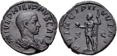 Philip II. As Caesar, AD 244-247. Æ Sestertius (29mm, 14.75 g, 12h). Rome mint, 3rd officina. 5th emission of Philip I, AD 246. Bareheaded and draped bust right / Philip II standing left, holding glob
