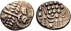 CELTIC, Durotriges. Uninscribed. Circa 65 BC-AD 45. Pale AV Stater (19mm, 5.81 g, 6h). Durotrigan E, Abstract (Cranborne Chase) type. Devolved head of Apollo right / Disjointed horse left; pellets aro