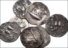 ORIENTAL GREEK. Baktria. Lot of seven (7) AR Obols from Demetrios I to Eukratides I. All coins: Demetrios I. Herakles standing facing, crowning himself (3) // Antimachos I. Poseidon standing facing (2