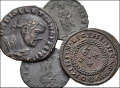ROMAN. Imperial. Lot of four (4) bronze coins from Diocletian to Theodora. Includes: Diocletian. Æ 1/4 Follis. Alexandria // Licinius I. Æ Follis. Aquileia // Helena. Æ. Constantinople // Theodora. Æ.