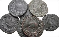 ROMAN. Imperial. Lot of seven (7) Germanic imitations of Constantinian-era bronzes. Includes: ‘Follis’. Helmeted and cuirassed bust right / Two Victories supporting shield over altar (5) // ‘Follis’. 