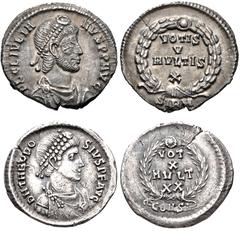 ROMAN. Imperial. Lot of two (2) AR Siliquae of Julian II and Theodosius I. Includes: Julian II. Sirmium // Theodosius I. Constantinople. Both coins with votive inscriptions on the reverse. Near VF to 