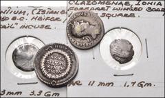MIXED. Greek-Roman Imperial. Lot of four (4) miscellaneous silver coins. Includes: GREEK: THRACE, Byzantion. AR Drachm // CARIA, Kindya. AR Tetrobol // ROMAN IMPERIAL: Hadrian. AR Denarius. Rome mint 