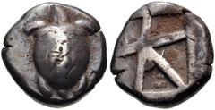 ISLANDS off ATTICA, Aegina. Circa 480-457 BC. AR Stater (20mm, 11.98 g). Sea-turtle (T-backed); head in profile / Large square incuse with skew pattern. Milbank pl. I, 15; SNG Copenhagen 507; SNG Münc