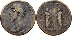 LYDIA, Thyateira. Lucius Verus. AD 161-169. Æ (39mm, 27.67 g, 12h). Bareheaded and cuirassed bust left; c/m’s: laureate head right (x2) / Demetyer standing right, holding grain ears and torch, facing 