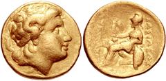 KINGS of THRACE. Lysimachos. 305-281 BC. AV Stater (18mm, 8.36 g, 5h). Uncertain mint. Diademed head of the deified Alexander right / Athena Nikephoros seated left; monogram(?) to inner left. Fine. Th