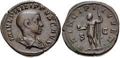 Philip II. As Caesar, AD 244-247. Æ Sestertius (31mm, 23.27 g, 1h). Rome mint. 5th emission of Philip I, AD 246. Bareheaded and draped bust right / Philip II standing left, holding globe and spear. RI